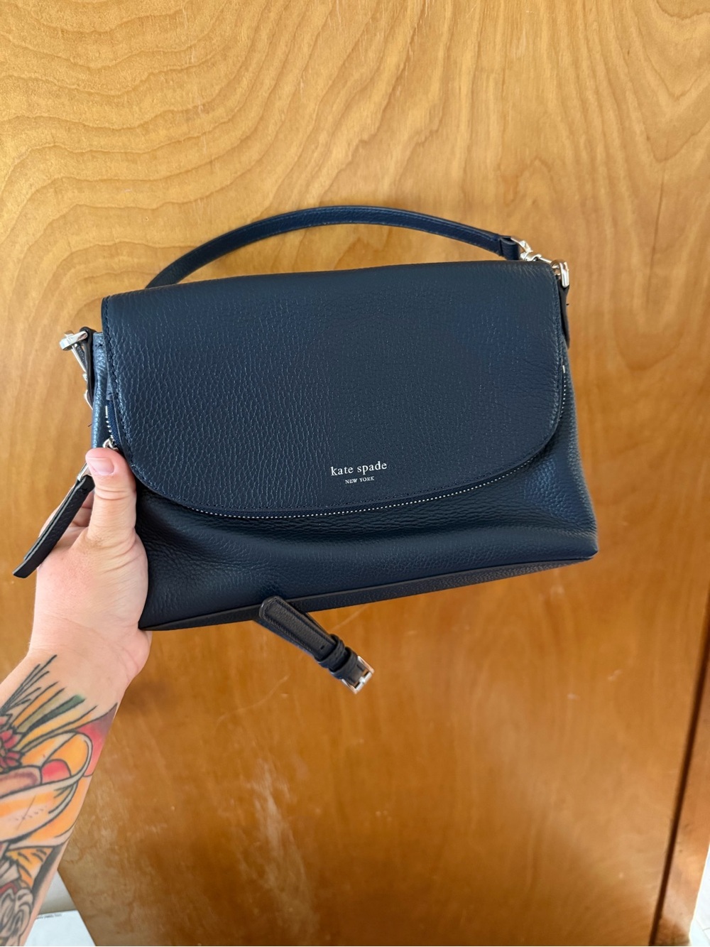 kate spade Navy Pebbled Leather Flap Crossbody with Top Handle